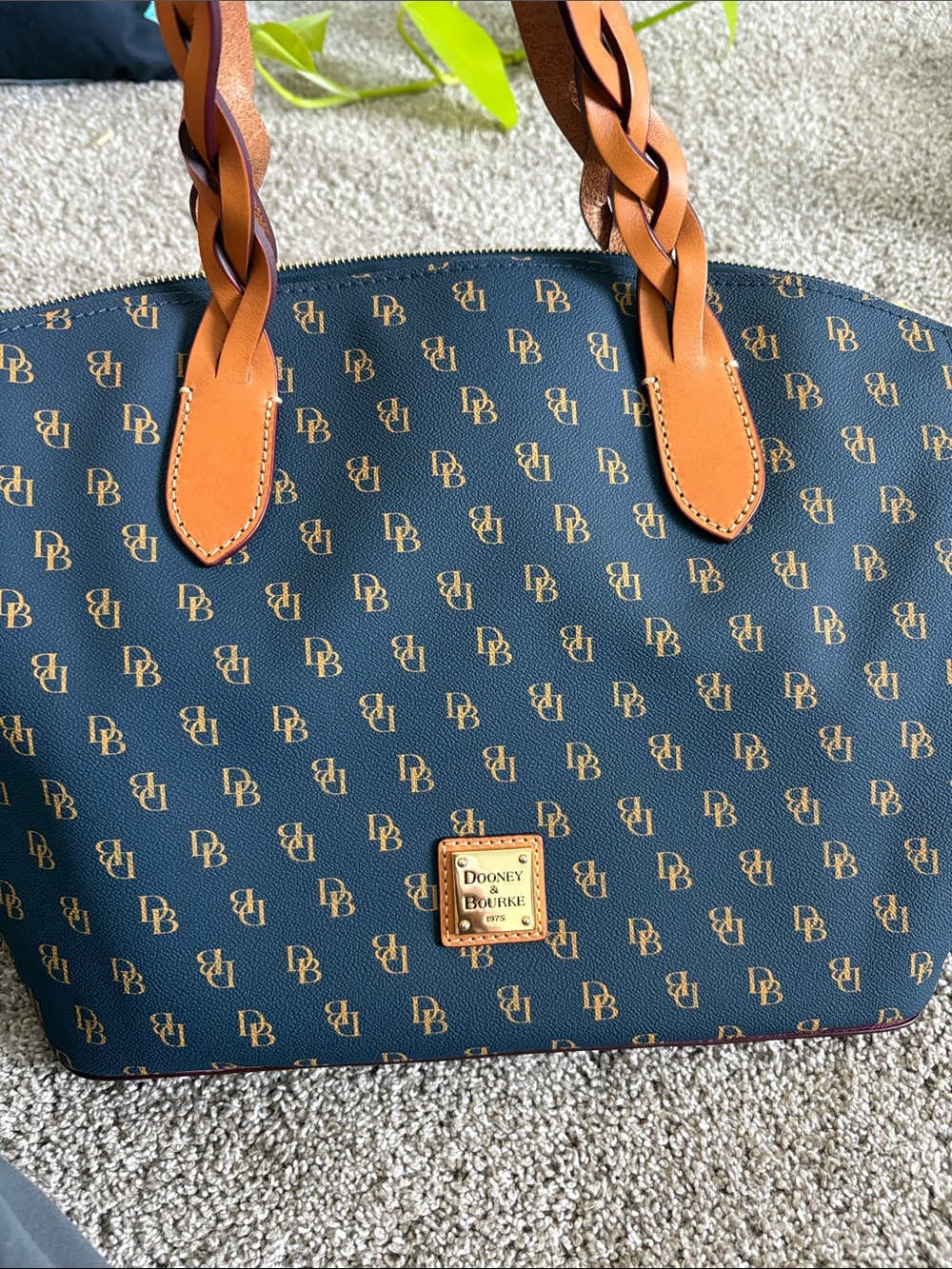 Dooney & Bourke Navy & Tan Monogram Dome Satchel